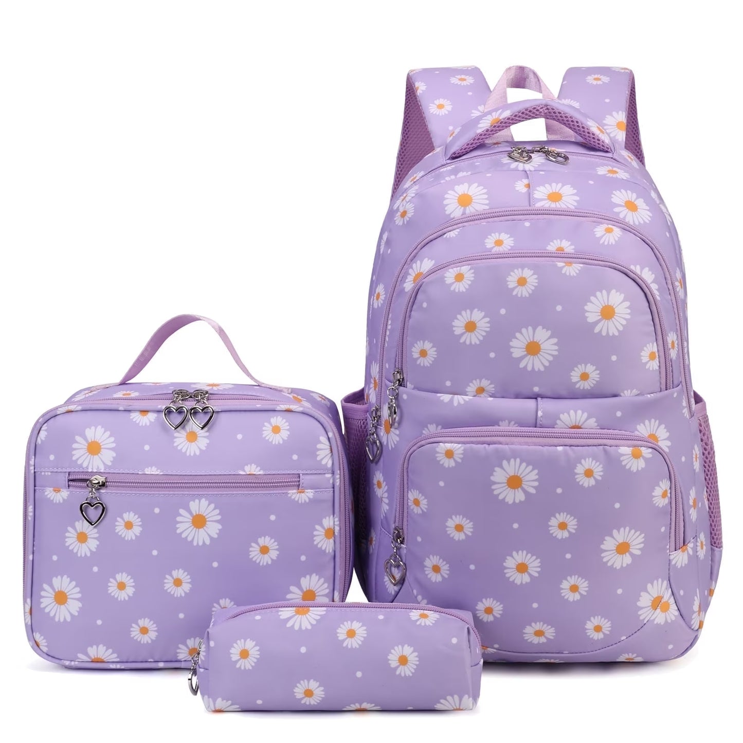 Forestfish Purple Daisy School Backpacks Set for Teen with Lunch Bag Water Resistant Lightweight Large Books Bag