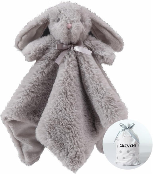 Cozy Plush Baby Security Blanket Loveys for Baby Boys and Girls, Faux Fur Front + Mink Backing with Animal Face (Grey Bunny)