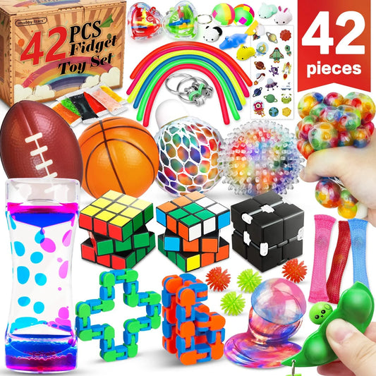 (42 Pcs) Fidget Toys Pack, Party Favors Carnival Treasure Classroom Prizes Small Mini Bulk Sensory Figit Toys Set for Boys Girls Kids Adults