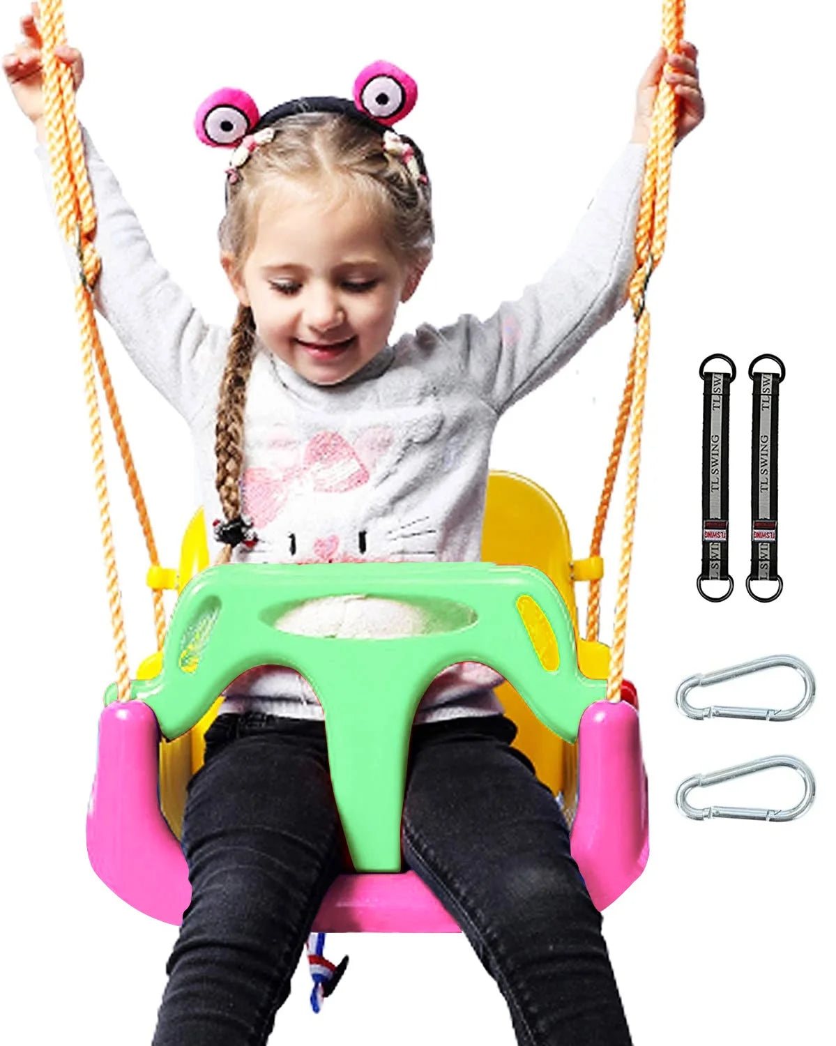 3-In-1 Baby Swing Sets with Hanging Strap and Hooks for outside Toddler Swing Anti-Flip Snug & Secure Detachable Infants to Kids Swing Seat for Indoor/Outdoor Playset（Pink）