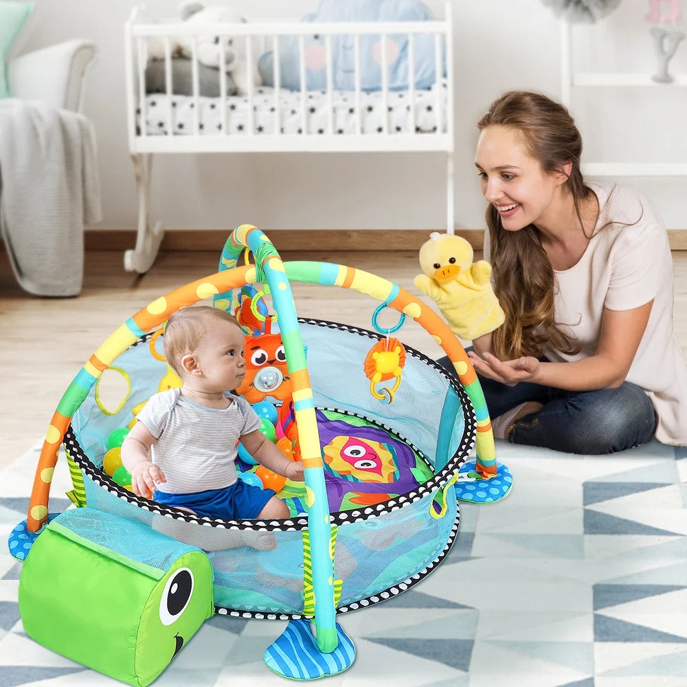 Baby Play Mat,  3 in 1 Baby Play Gym Activity Mat, with Hanging Toys and Ocean Balls, for Infants Toddlers, Blue Turtle