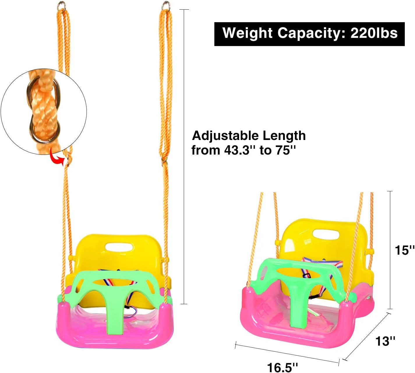 3-In-1 Baby Swing Sets with Hanging Strap and Hooks for outside Toddler Swing Anti-Flip Snug & Secure Detachable Infants to Kids Swing Seat for Indoor/Outdoor Playset（Pink）