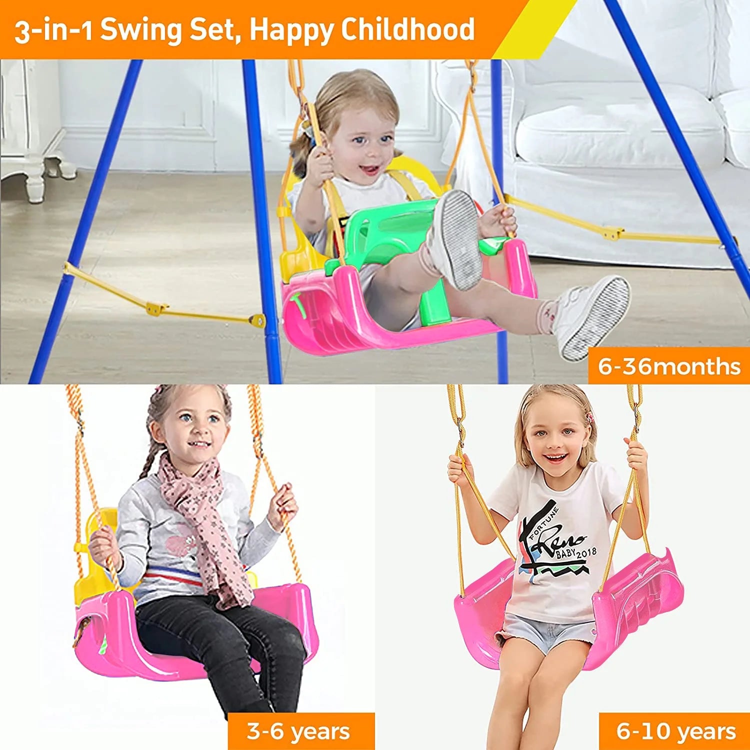 3-In-1 Baby Swing Sets with Hanging Strap and Hooks for outside Toddler Swing Anti-Flip Snug & Secure Detachable Infants to Kids Swing Seat for Indoor/Outdoor Playset（Pink）