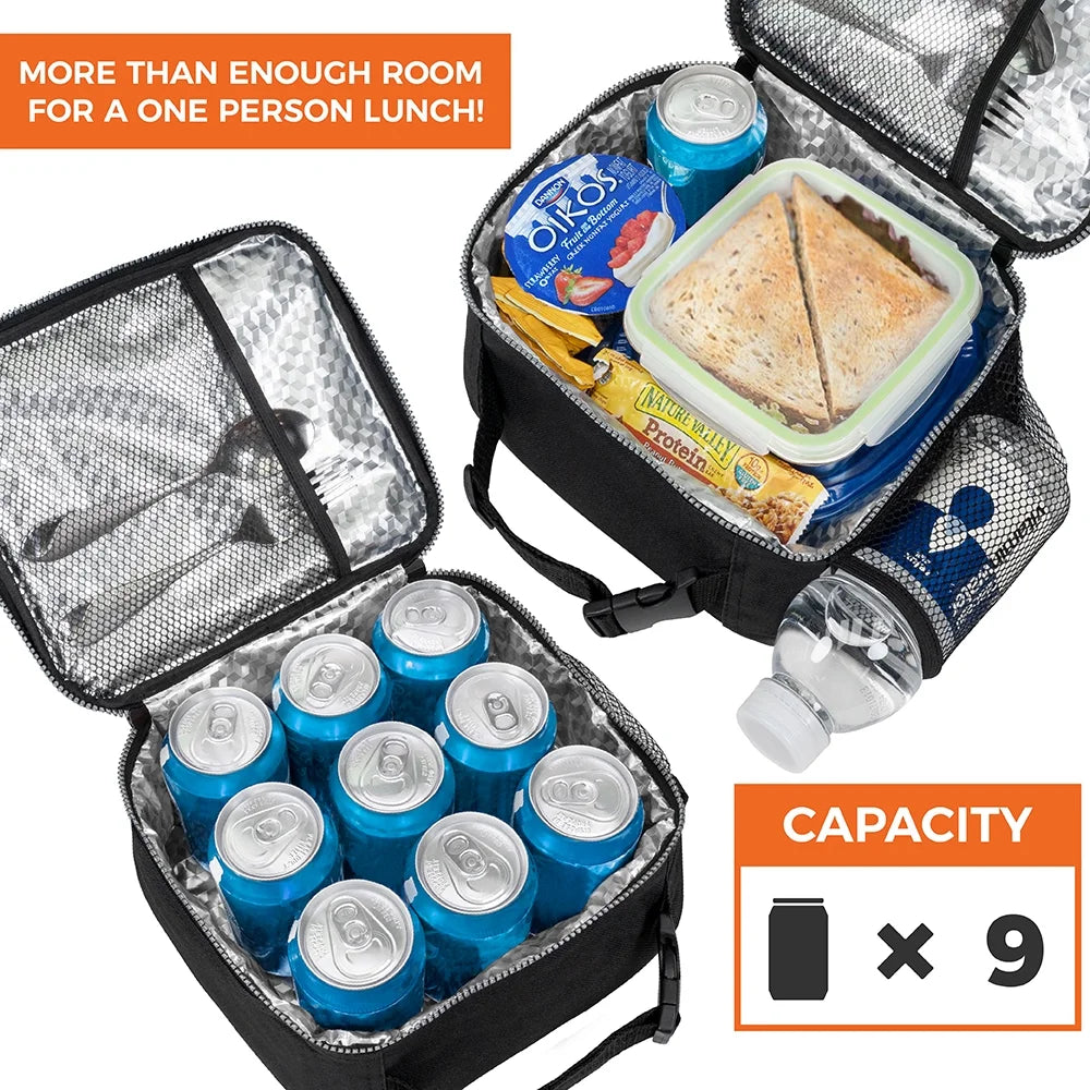 Insulated Lunch Bag Kids, Lunch Box for School Boy Girl, Leakproof Small Reusable Compact Soft Mini Cooler Bag, Toddler Small Lunch Boxes Kit Pail with Front Side Pockets (Black)