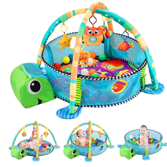 Baby Play Mat, 3 in 1 Baby Play Gym Activity Mat, with Hanging Toys and Ocean Balls, for Infants Toddlers, Blue Turtle