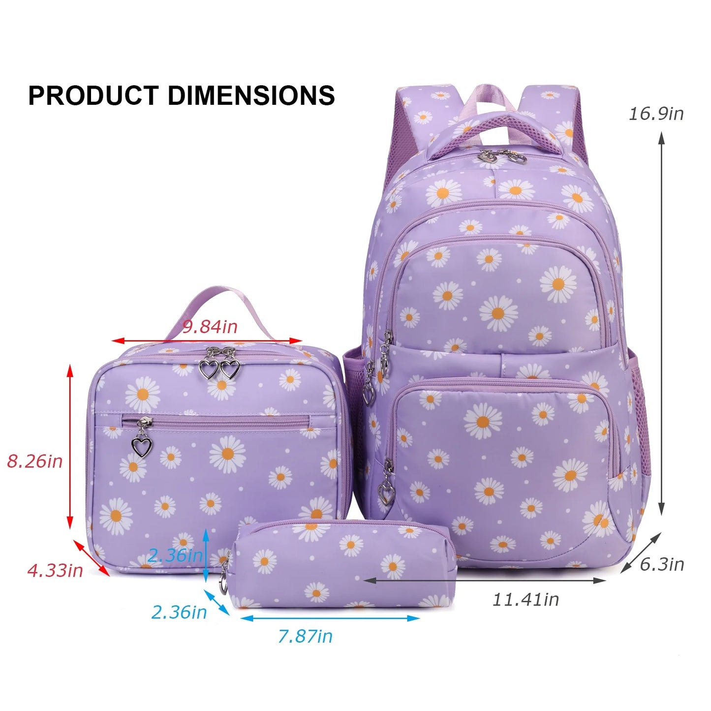 Forestfish Purple Daisy School Backpacks Set for Teen with Lunch Bag Water Resistant Lightweight Large Books Bag