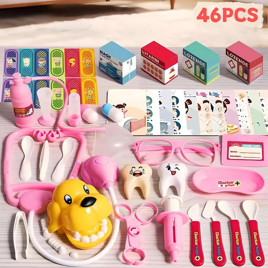 46PCS Kids Doctor Play Set Pretend Medical Kit With Stethoscope Syringe Dental Tools Nurse Accessories For Boys And Girls