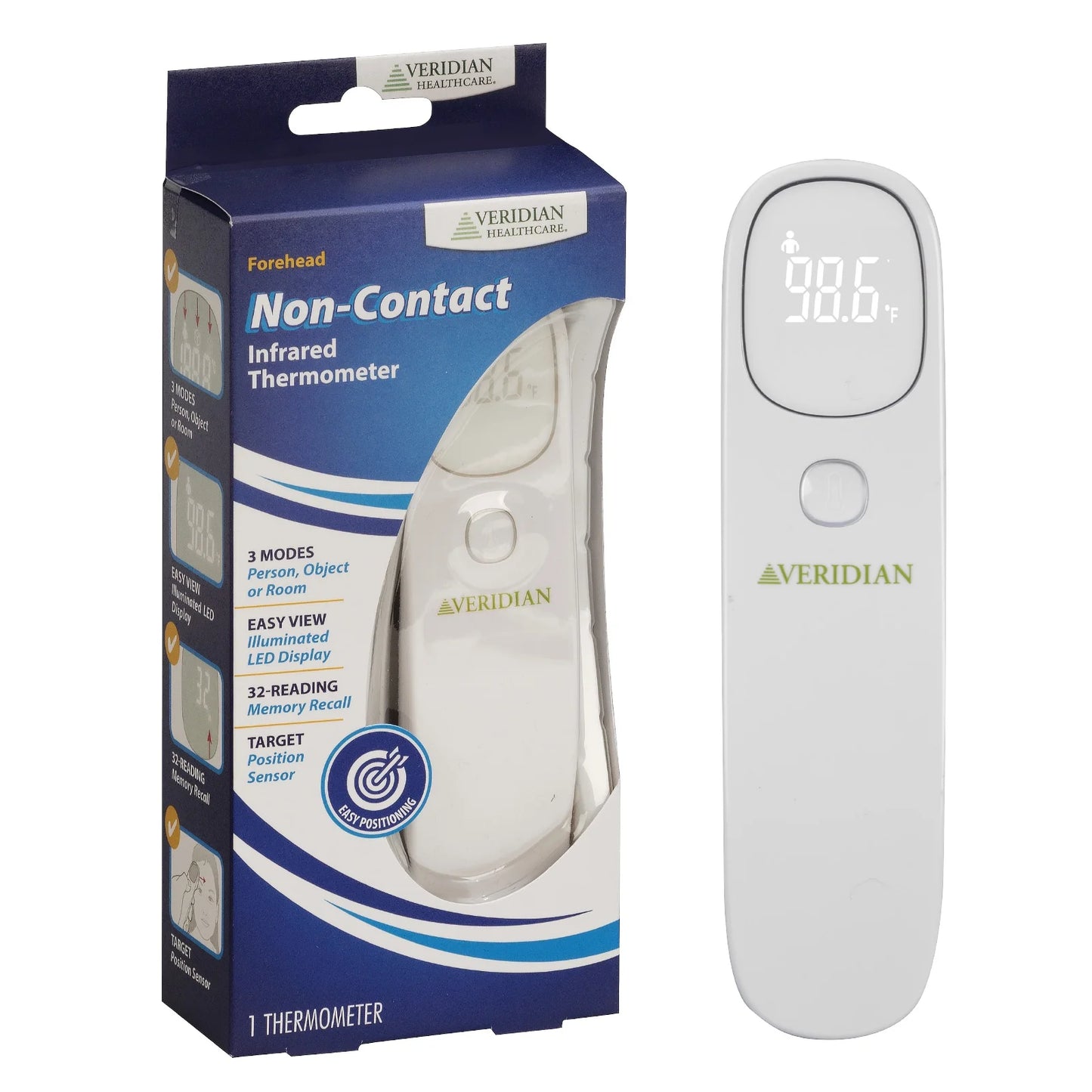 Infrared Non-Contact Forehead Thermometer, 1-Second Readout, Positioning Sensor