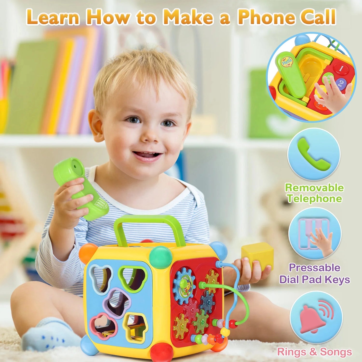 6-In-1 Baby Activity Cube with Music, Montessori Learning Toys for Toddlers Kids 6-36 Months, for Birthday Christmas Baby Shower Gifts, Colorful