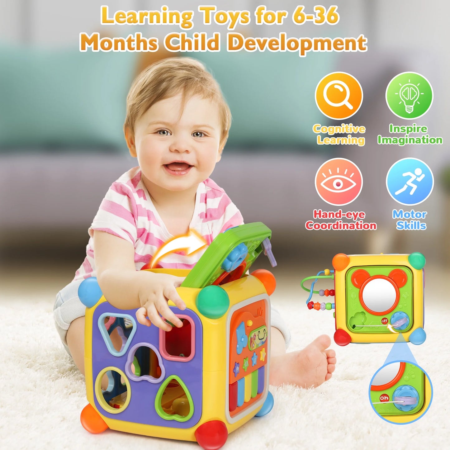6-In-1 Baby Activity Cube with Music, Montessori Learning Toys for Toddlers Kids 6-36 Months, for Birthday Christmas Baby Shower Gifts, Colorful
