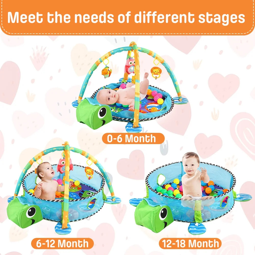 Baby Play Mat,  3 in 1 Baby Play Gym Activity Mat, with Hanging Toys and Ocean Balls, for Infants Toddlers, Blue Turtle