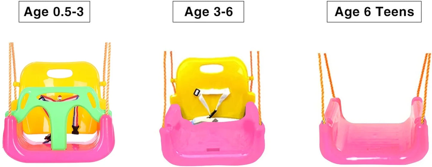 3-In-1 Baby Swing Sets with Hanging Strap and Hooks for outside Toddler Swing Anti-Flip Snug & Secure Detachable Infants to Kids Swing Seat for Indoor/Outdoor Playset（Pink）