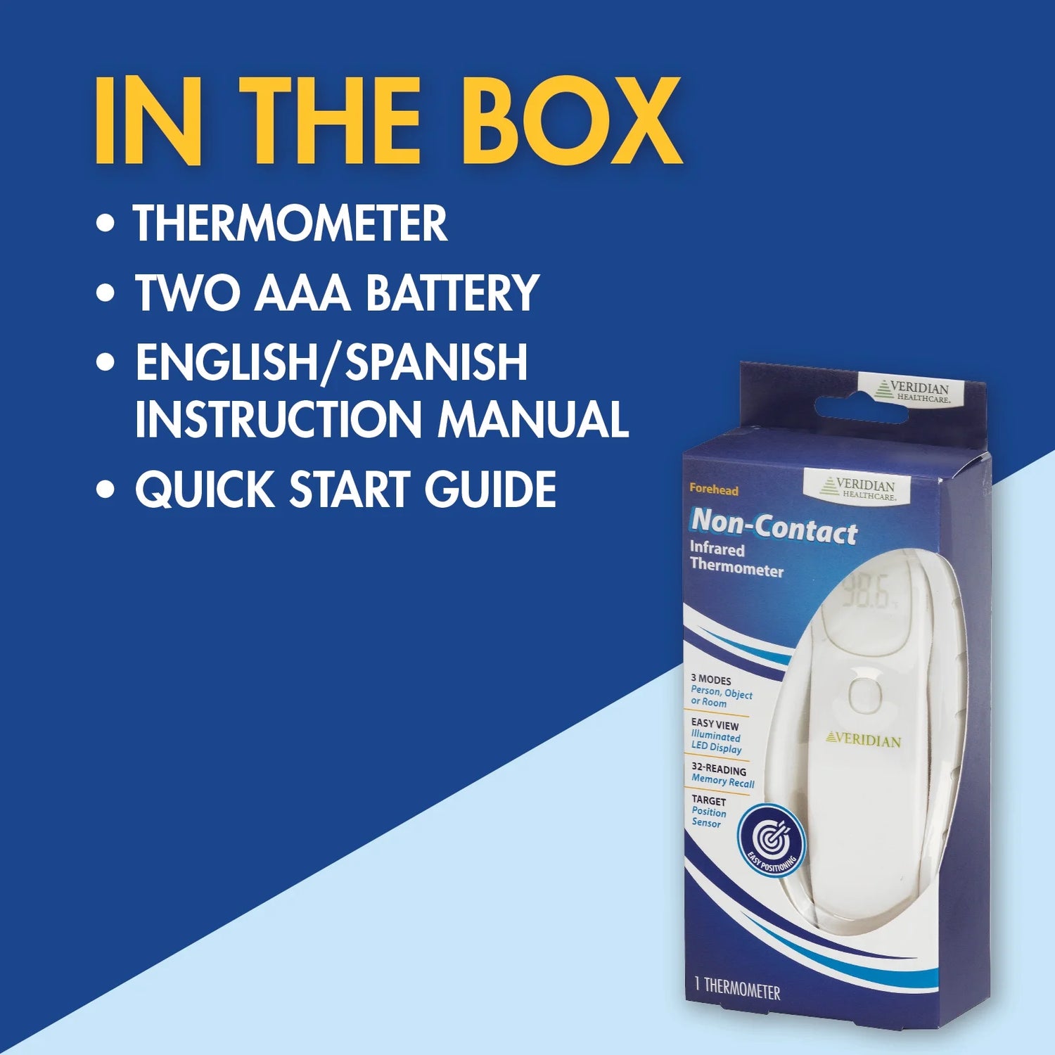 Infrared Non-Contact Forehead Thermometer, 1-Second Readout, Positioning Sensor