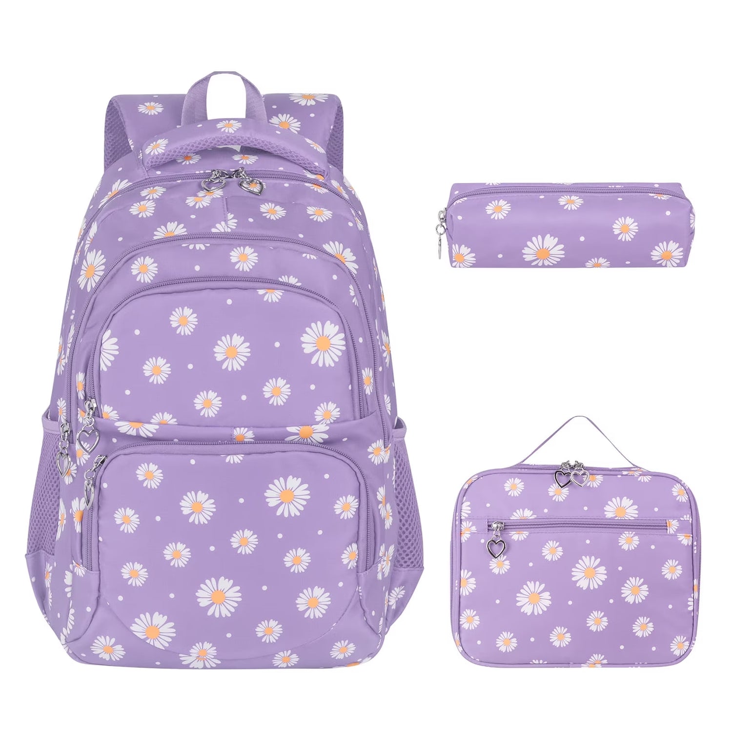 Forestfish Purple Daisy School Backpacks Set for Teen with Lunch Bag Water Resistant Lightweight Large Books Bag