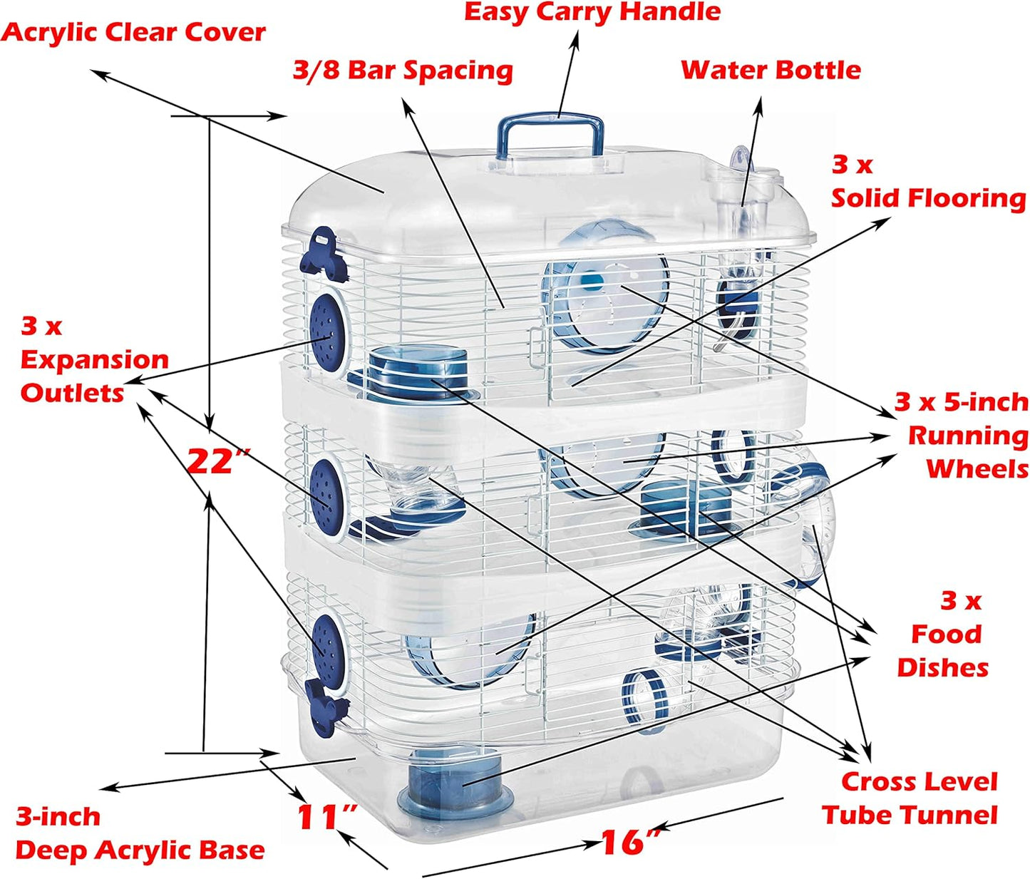 Acrylic Clear Expandable and Customizable 3-Solid Floor Levels Habitat Syrian Hamster Rodent Gerbil Mouse Mice Cage Transparent