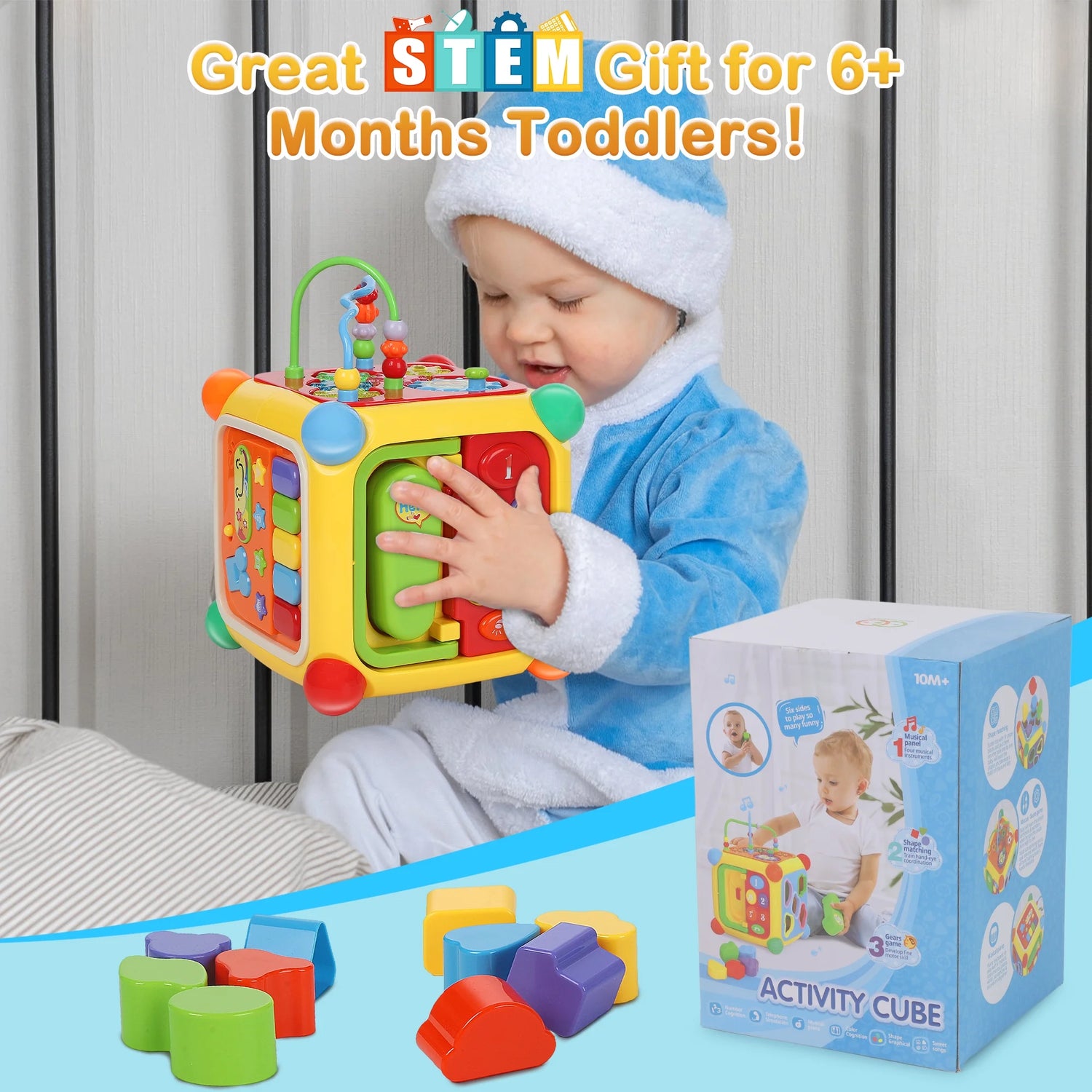 6-In-1 Baby Activity Cube with Music, Montessori Learning Toys for Toddlers Kids 6-36 Months, for Birthday Christmas Baby Shower Gifts, Colorful
