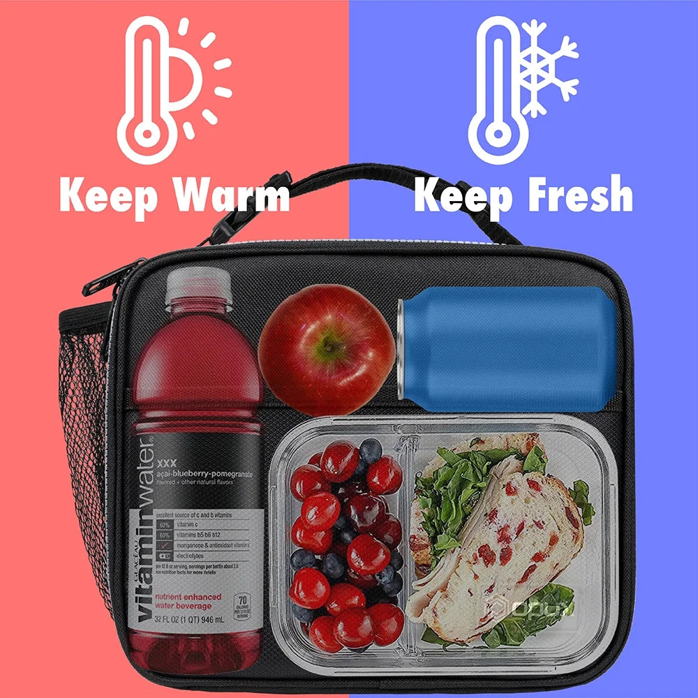 Insulated Lunch Bag Kids, Lunch Box for School Boy Girl, Leakproof Small Reusable Compact Soft Mini Cooler Bag, Toddler Small Lunch Boxes Kit Pail with Front Side Pockets (Black)