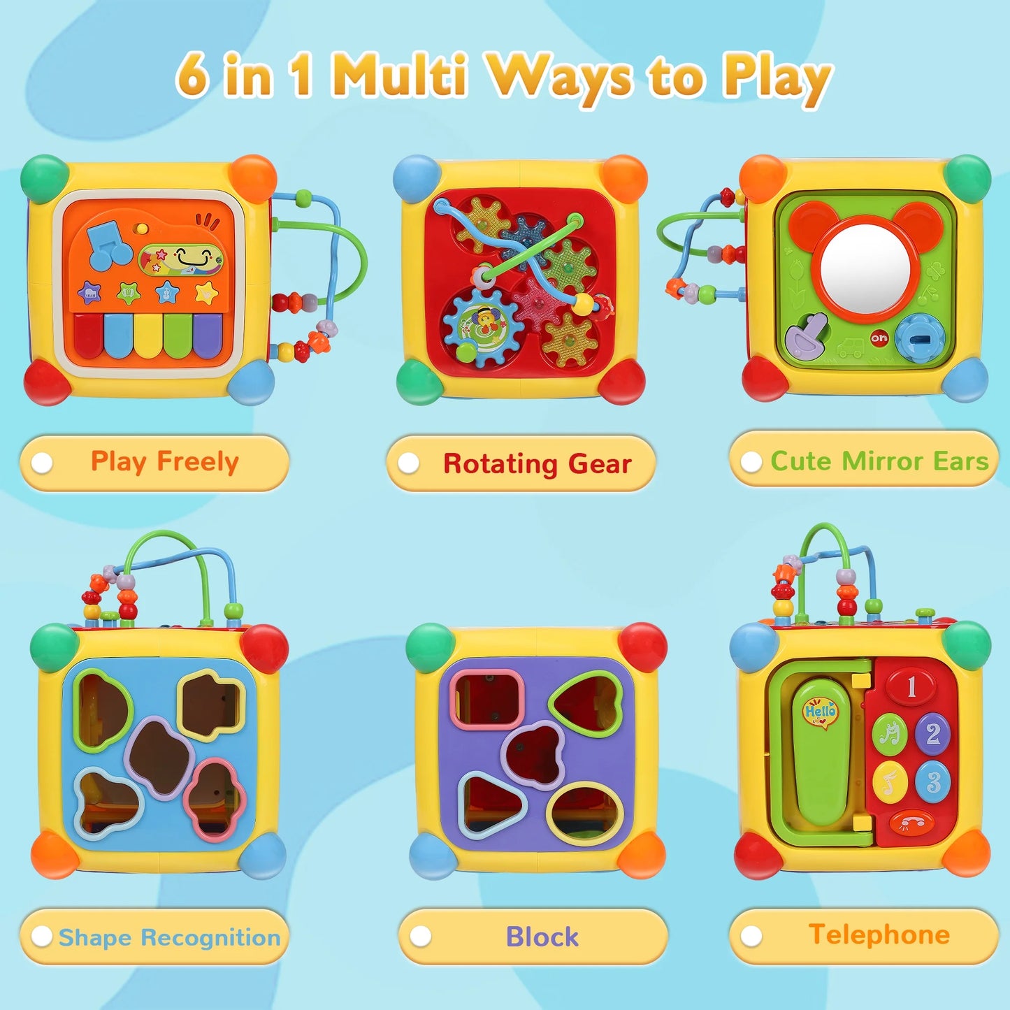 6-In-1 Baby Activity Cube with Music, Montessori Learning Toys for Toddlers Kids 6-36 Months, for Birthday Christmas Baby Shower Gifts, Colorful