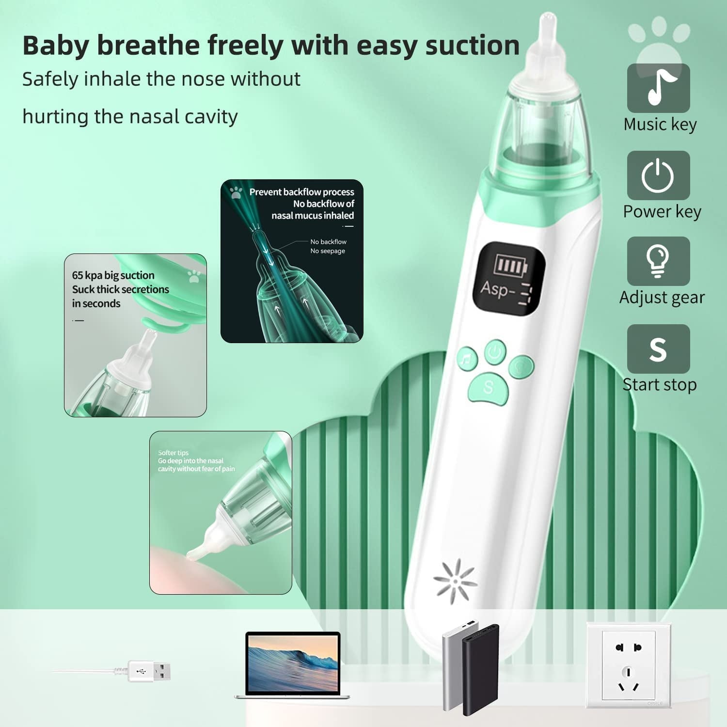 Baby Nasal Aspirator with 3 Level Suction and Music, Kids Infants Nose Suction