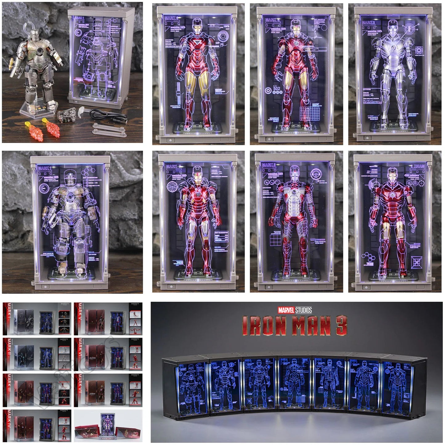 Hologram Hall of Armour Marvel Iron Man Action Figure LED Display Tony Stark Legends