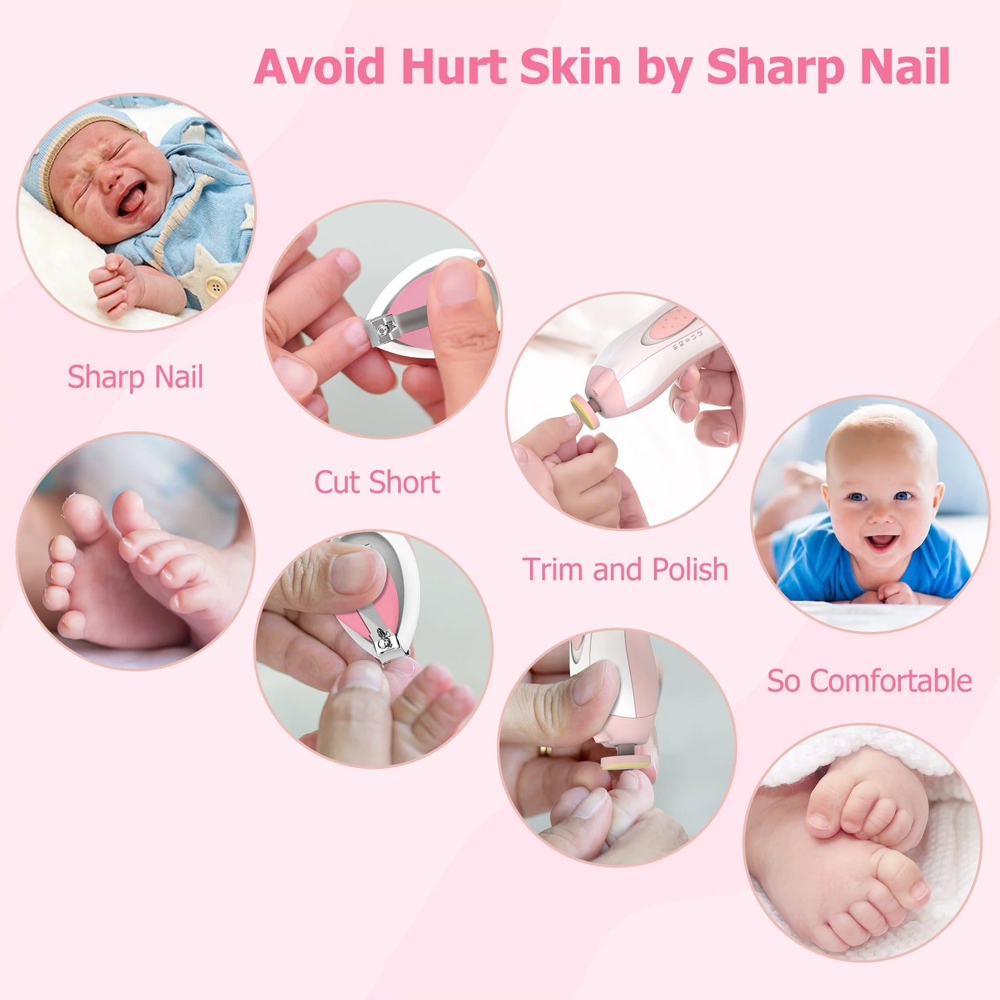 Baby Nail Filer and Baby Nail Clippers with Light Set, Electric Infant Nail Trimmer Kit, Safe Baby Grooming Kit, for Newborn Pink