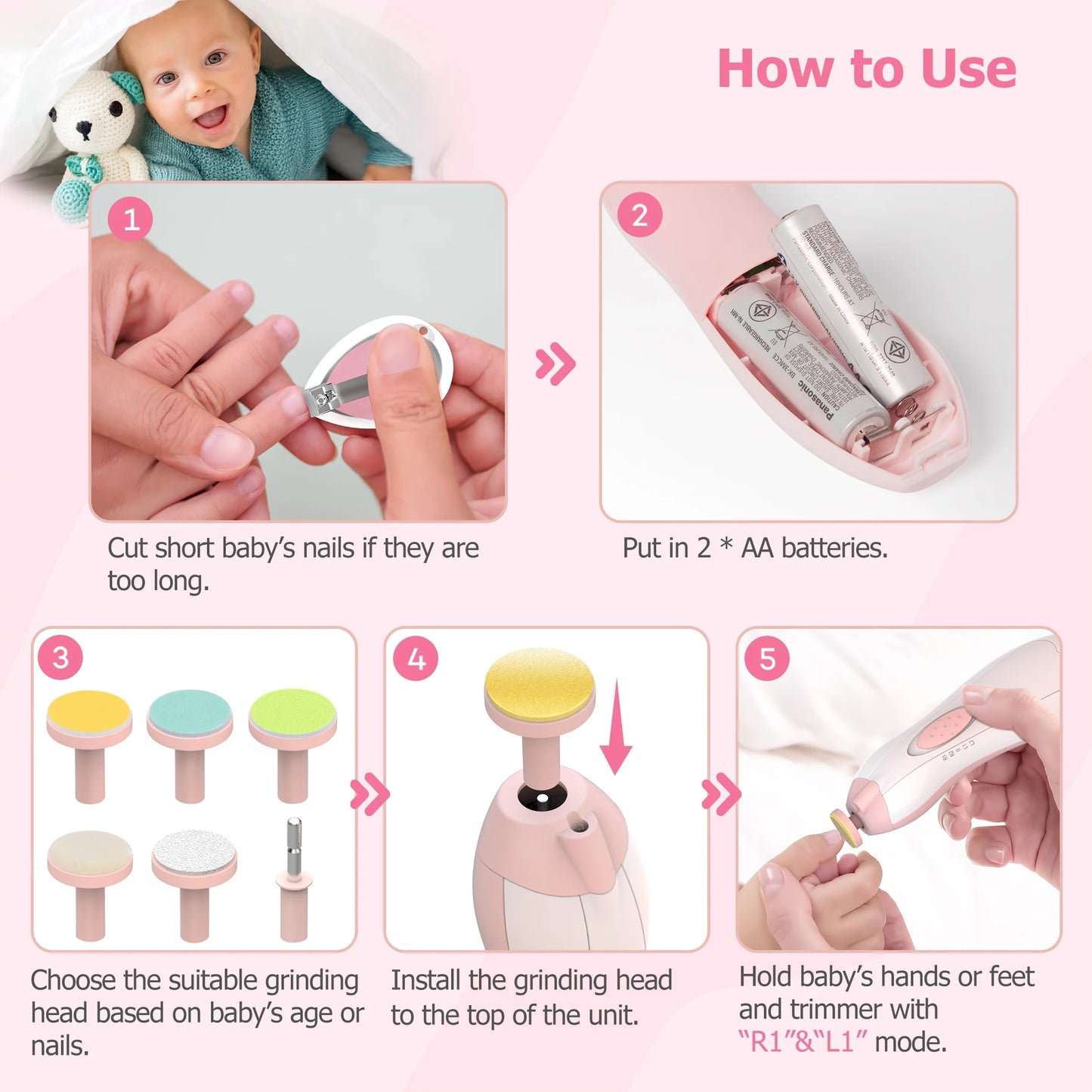 Baby Nail Filer and Baby Nail Clippers with Light Set, Electric Infant Nail Trimmer Kit, Safe Baby Grooming Kit, for Newborn Pink