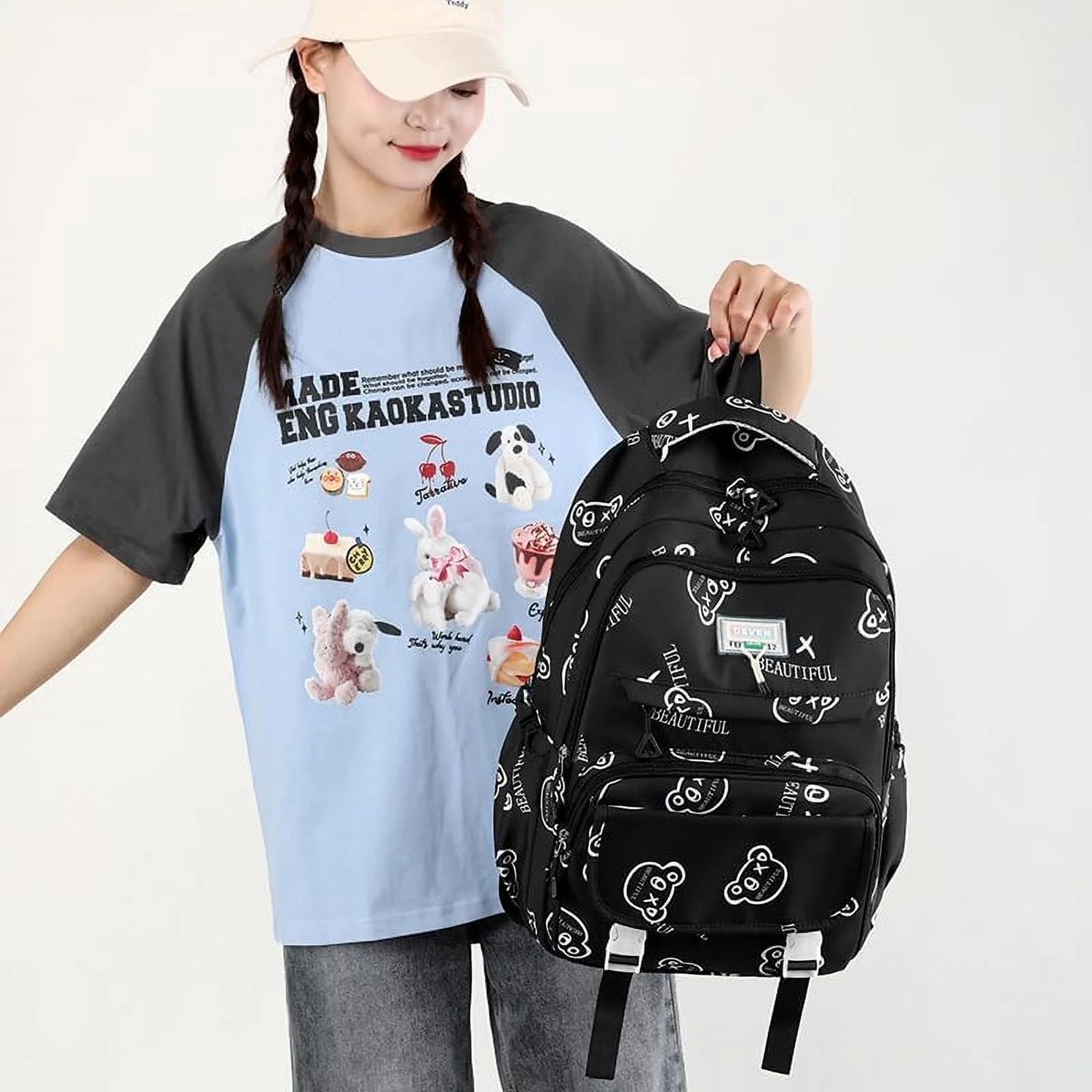 Cute Graffiti Backpack Cartoon Manga Pattern Backpack Men'S and Women'S Fashion Travel Backpack (Green)