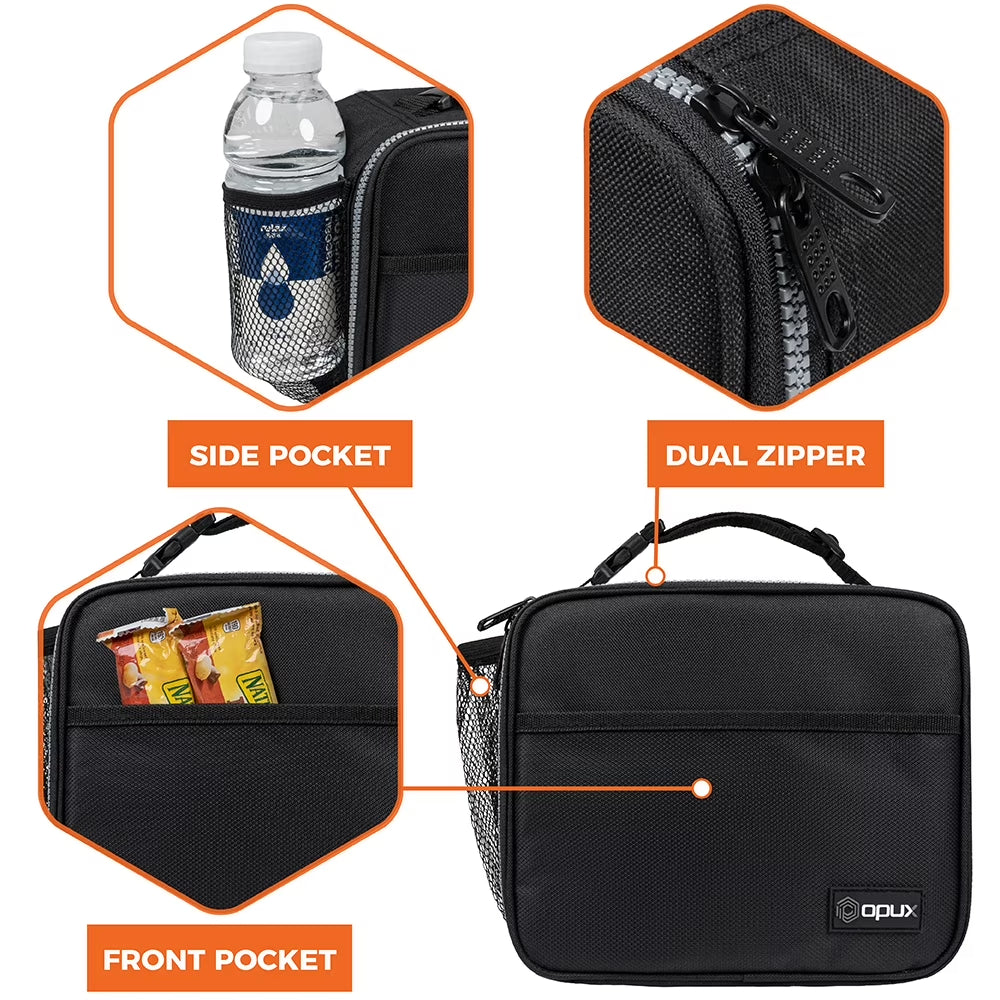 Insulated Lunch Bag Kids, Lunch Box for School Boy Girl, Leakproof Small Reusable Compact Soft Mini Cooler Bag, Toddler Small Lunch Boxes Kit Pail with Front Side Pockets (Black)