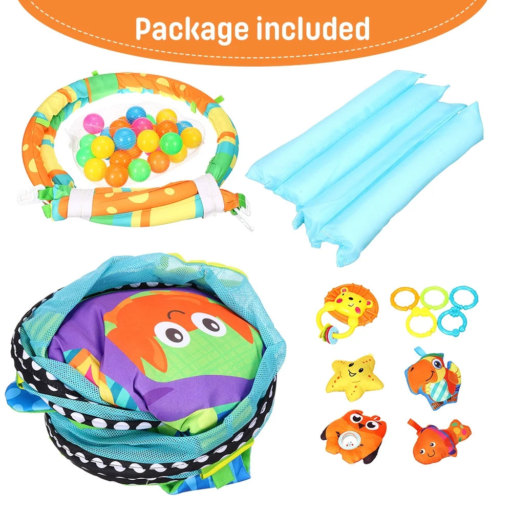 Baby Play Mat,  3 in 1 Baby Play Gym Activity Mat, with Hanging Toys and Ocean Balls, for Infants Toddlers, Blue Turtle