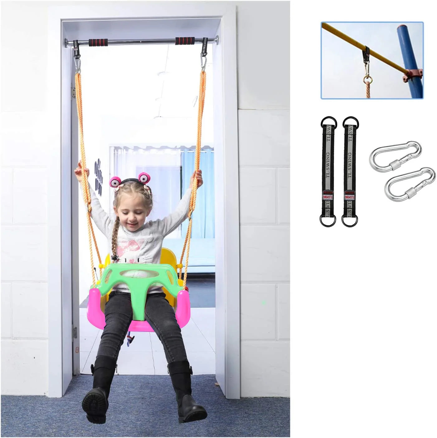 3-In-1 Baby Swing Sets with Hanging Strap and Hooks for outside Toddler Swing Anti-Flip Snug & Secure Detachable Infants to Kids Swing Seat for Indoor/Outdoor Playset（Pink）