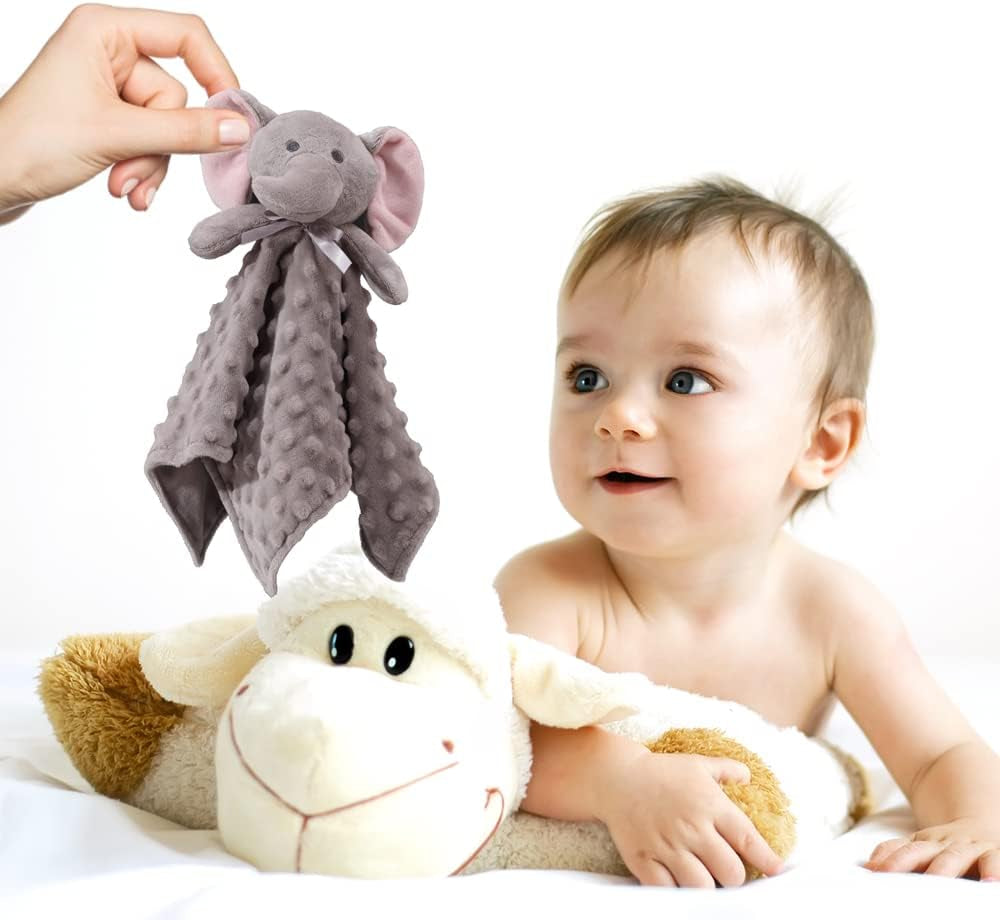Cozy Plush Baby Security Blanket Loveys for Baby Boys and Girls, Minky Dot Front + Sherpa Backing with Animal Face (Grey Elephant)