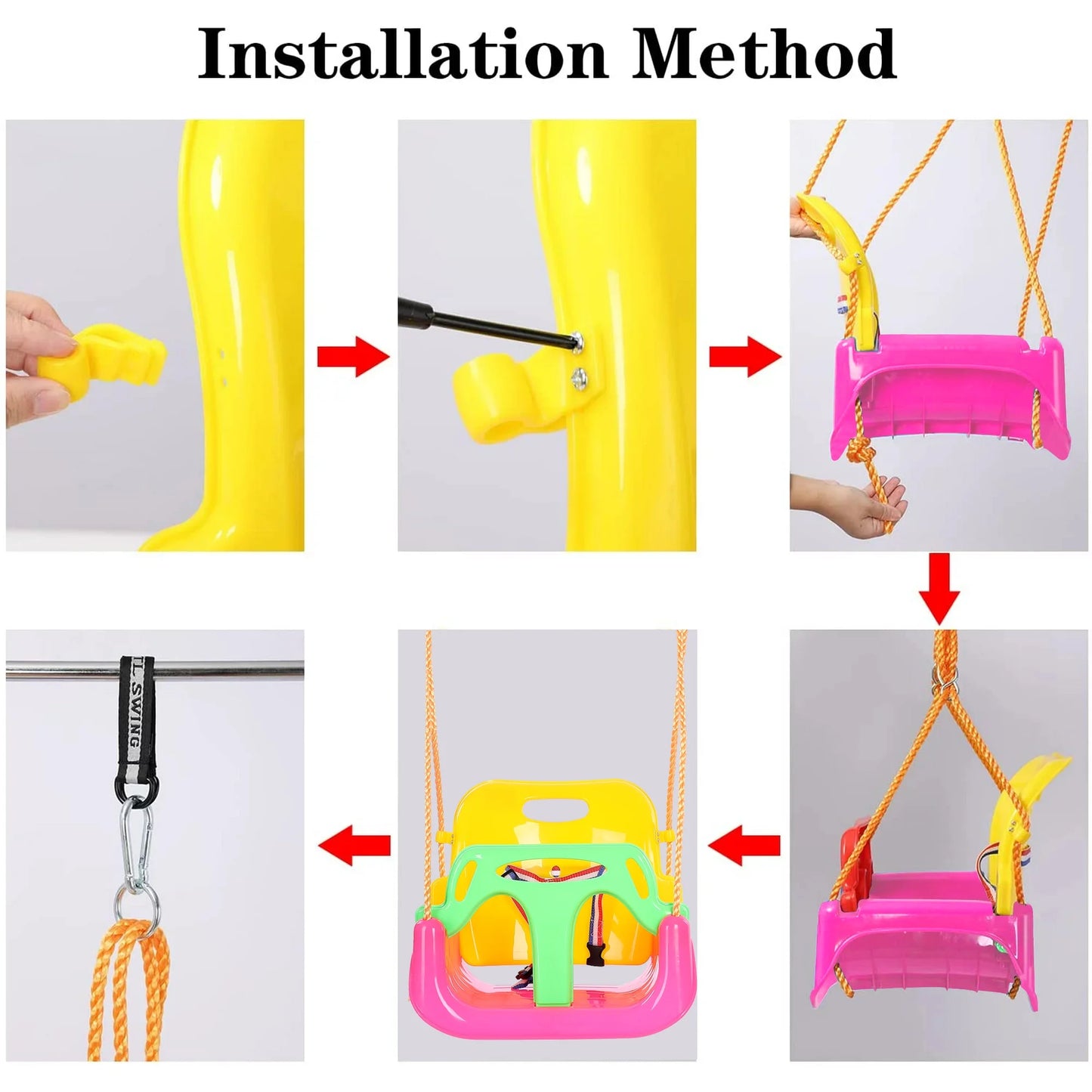 3-In-1 Baby Swing Sets with Hanging Strap and Hooks for outside Toddler Swing Anti-Flip Snug & Secure Detachable Infants to Kids Swing Seat for Indoor/Outdoor Playset（Pink）