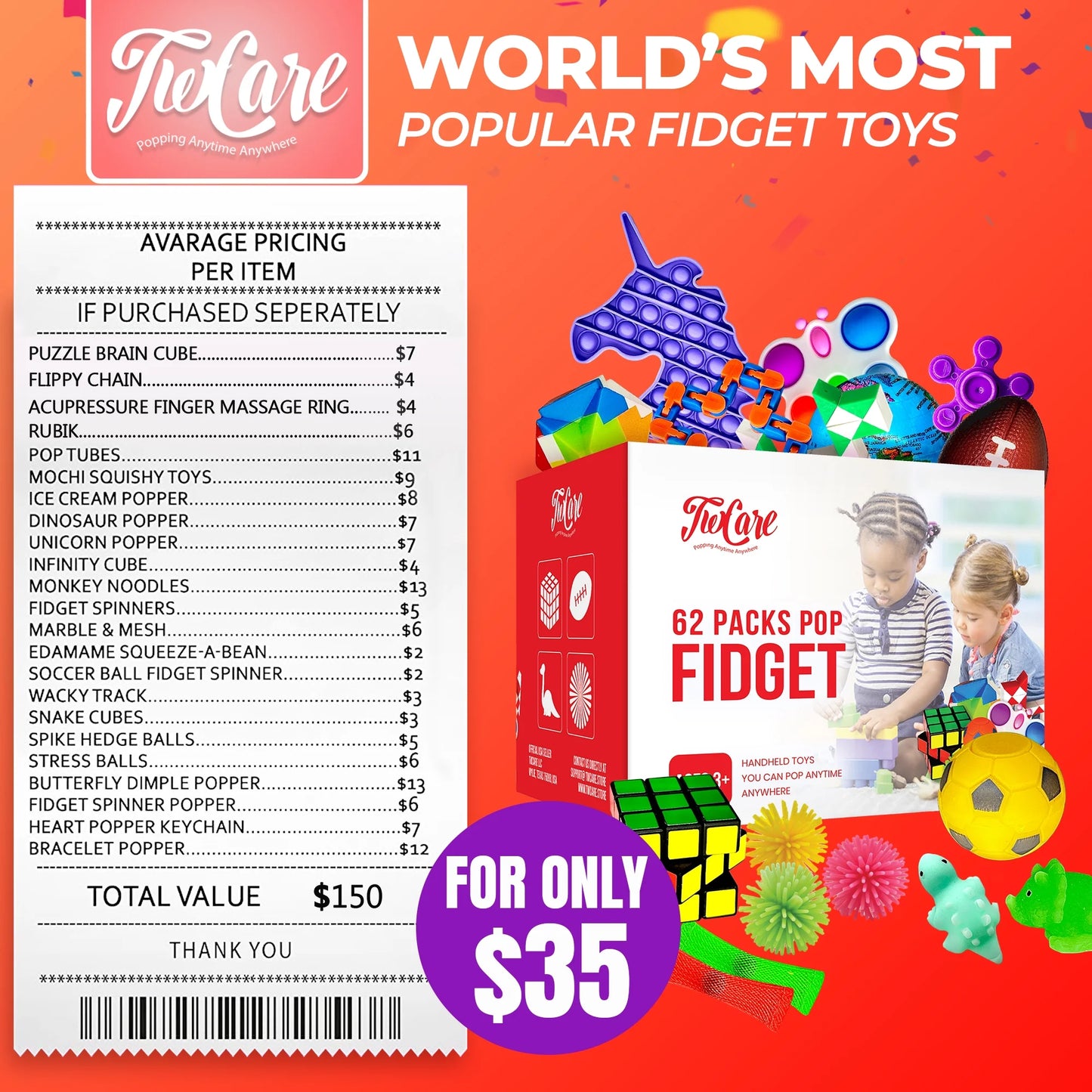 (62 Pcs) 2023 Upgraded Fidget Toys Party Favors Gifts for Kids Adults Autism Stress Relief Stocking Stuffers Sensory Pop It Autistic Pack Bulk Set Boys Girls Goodie Bag Treasure Box Classroom Prizes