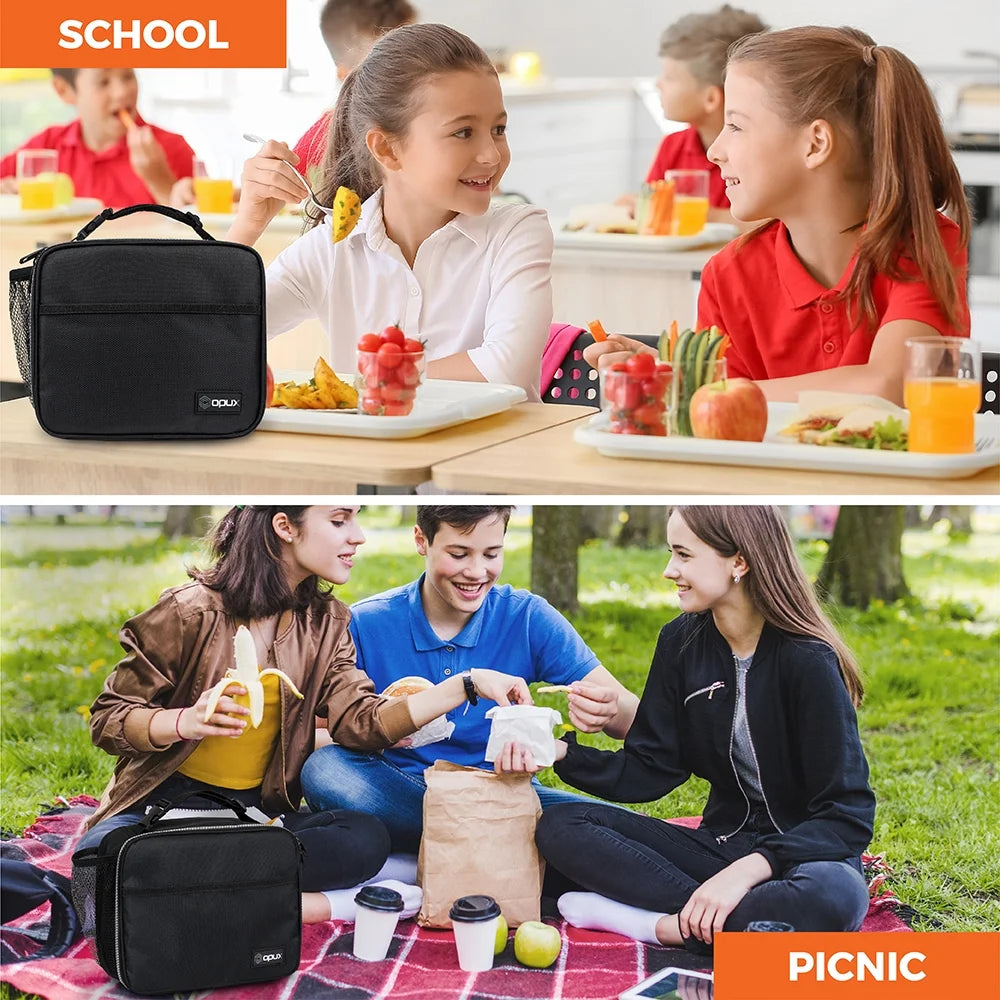 Insulated Lunch Bag Kids, Lunch Box for School Boy Girl, Leakproof Small Reusable Compact Soft Mini Cooler Bag, Toddler Small Lunch Boxes Kit Pail with Front Side Pockets (Black)