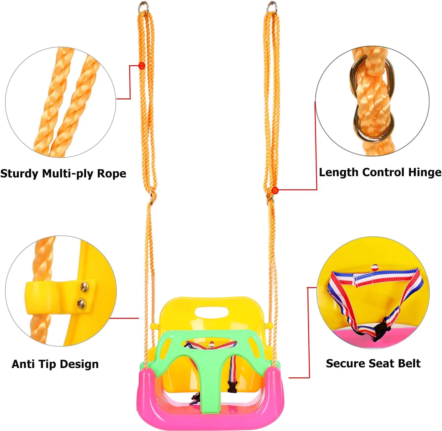 3-In-1 Baby Swing Sets with Hanging Strap and Hooks for outside Toddler Swing Anti-Flip Snug & Secure Detachable Infants to Kids Swing Seat for Indoor/Outdoor Playset（Pink）