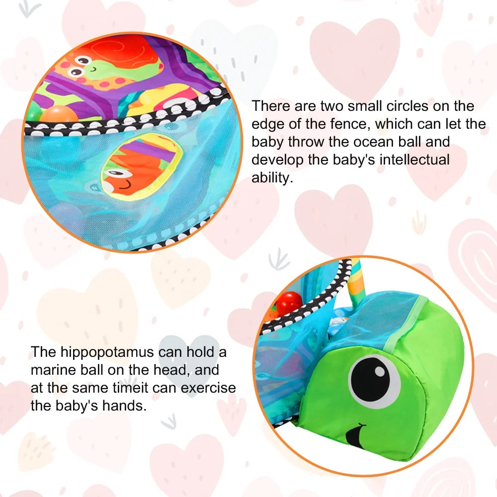 Baby Play Mat,  3 in 1 Baby Play Gym Activity Mat, with Hanging Toys and Ocean Balls, for Infants Toddlers, Blue Turtle